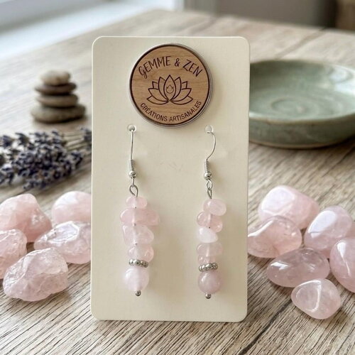 Boucles d'oreilles quartz rose naturel et plaquées argent – création artisanale gemme &amp; zen, bijou pierre de douceur et amour