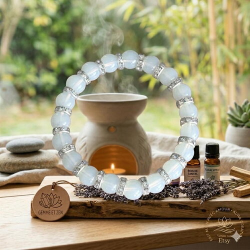 Bracelet en pierre d'opalite et cristaux, bijou zen bien-être, bracelet protection et méditation pour femme, cadeau lithothérapie