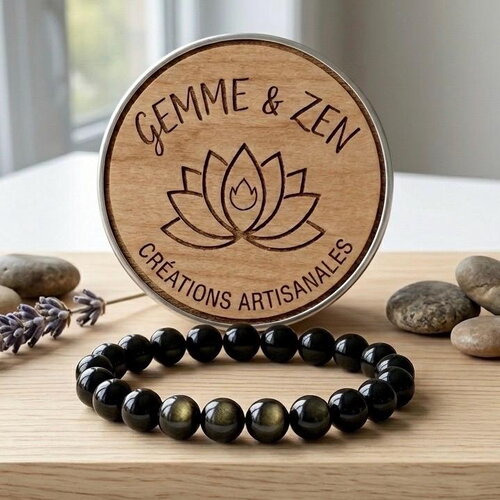 Bracelet obsidienne dorée naturelle, perles 8mm, élastique, bracelet protection homme femme, bijou lithothérapie équilibre