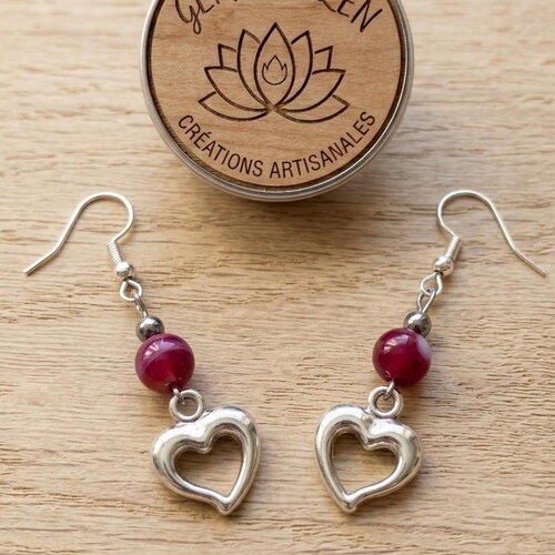 Boucles d'oreilles coeur argenté et agate rose, pendantes argentées 8mm, bijou romantique pas cher fait main, cadeau femme à petit prix