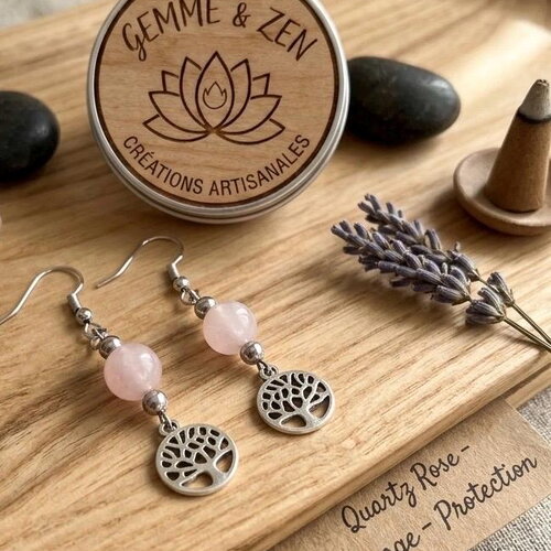 Boucles d'oreilles arbre de vie et quartz rose, pendantes plaquées argent. 8mm, bijou nature et spirituel fait main, cadeau  idéal femme