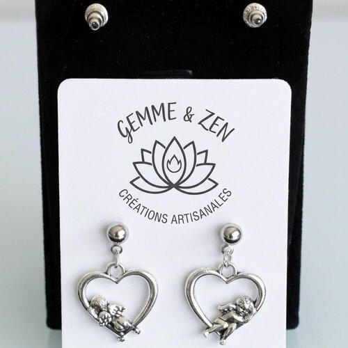 Boucles d'oreilles pendantes anges chérubins et cœurs argentés, bijoux vintage romantiques faits main, cadeau poétique original