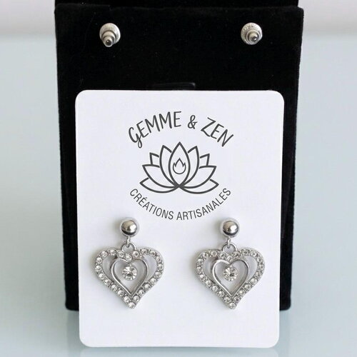 Boucles d'oreilles pendantes cœurs en strass argentés, bijoux romantiques faits main, cadeau fête des mères, style chic et lumineux