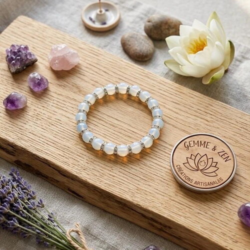 Bracelet opaline 8mm et strass argentés, cadeau fête des mères, bracelet perles femme chic, bijou lumineux idée cadeau anniversaire