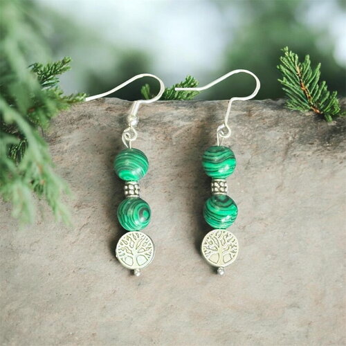 Boucles d’oreilles pendantes malachite mbole arbre de vie, boucles d'oreilles argentées, bijou lithothérapie, cadeau anniversaire