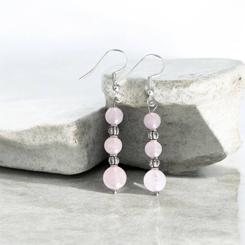 Boucles d'oreilles pendantes quartz rose naturel – perles de pierre fine et argent 925 – bijou lithothérapie bien-être, cadeau femme
