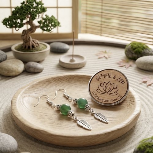 Boucles d'oreilles plume plaqué argent avec perle d'agate verte 8mm, bijoux bohème chic nature, cadeau femme, création artisanale