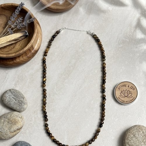 Collier perles œil de tigre naturel 6mm – longueur 55cm avec fermoir et chaînette