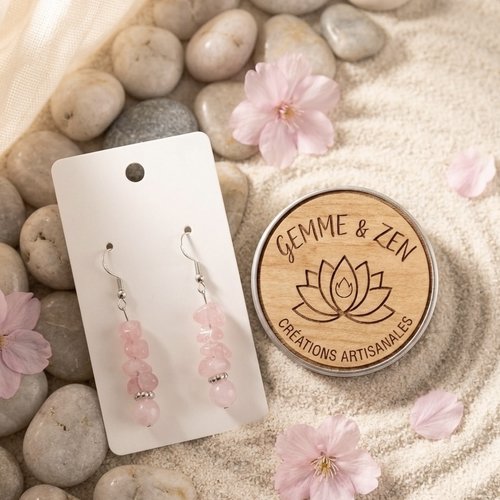 Boucles d'oreilles quartz rose et argent - "douceur zen" plaquées argent
