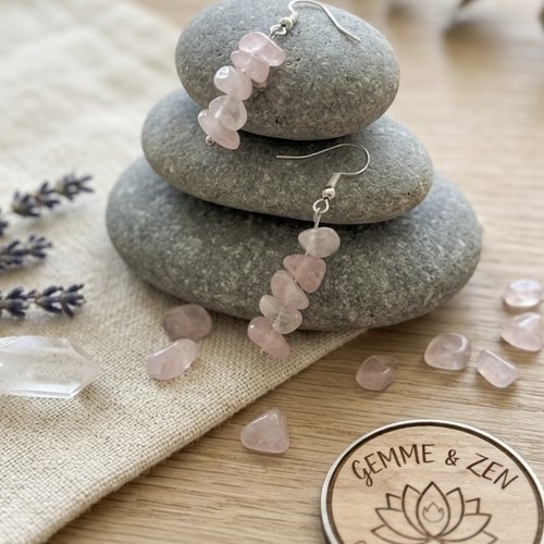 Boucles d'oreilles zen en éclats de quartz rose et plaqué argent