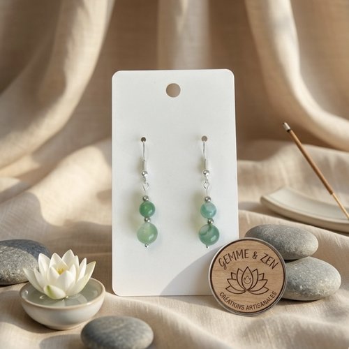 Boucles d’oreilles pendantes plaquées argent en agate verte naturelle, perles 6 mm et 8 mm