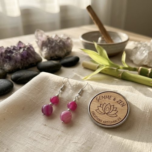 Boucles d’oreilles pendantes plaquées argent en agate rose duo de perles 6 mm et 8 mm