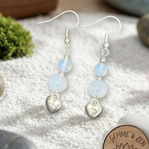 Boucles d'oreilles opaline et cœur argenté, pendantes perles 6mm et 8mm, bijoux plaqués argent, style bohème et romantique, cadeau femme