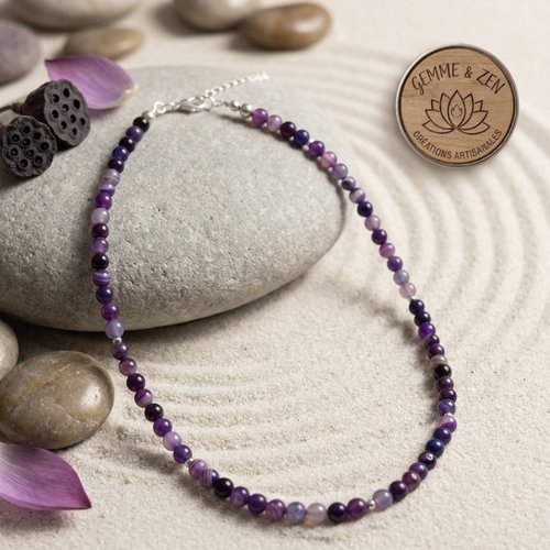 Collier artisanal en agate violette – perles de 6 mm & sérénité divine