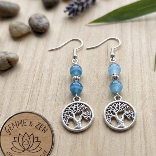 Boucles d'oreilles "arbre de vie" en agate bleue (6mm) et argent plaqué – création artisanale