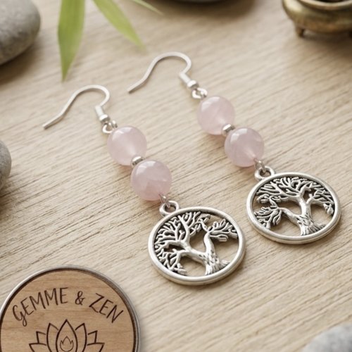 Boucles d'oreilles "arbre de vie" en quartz rose (8mm) et argent plaqué – création artisanale