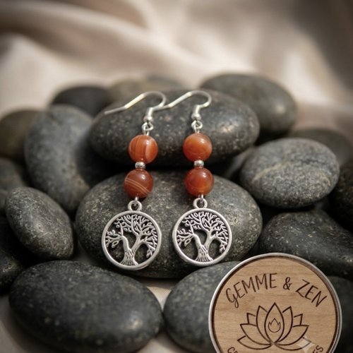 Boucles d'oreilles plaquées argent, arbre de vie  et perles d'agate rouge orange 8mm | bijou bohème lithothérapie
