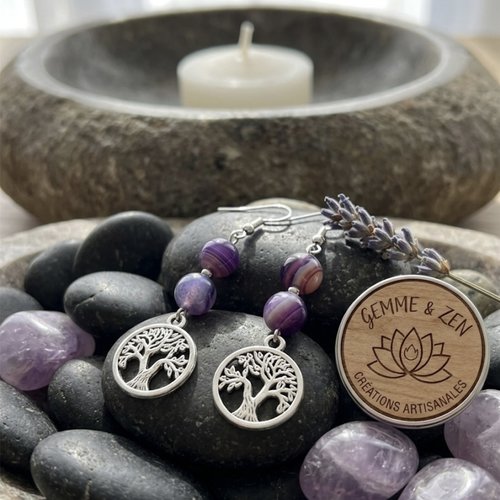 Boucles d'oreilles plaquées  argent pendantes arbre de vie | perles agate violette 8mm | style bohème lithothérapie | cadeau femme