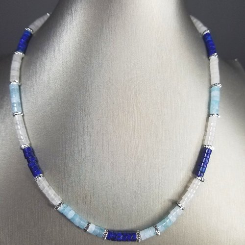 Collier heishi perles en lapis lazuli, aigue-marine et quartz cristal