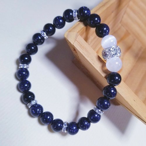 Bracelet perles en sélénite et sable bleu paillettes