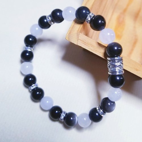 Bracelet perles en obsidienne argentée et jade blanc