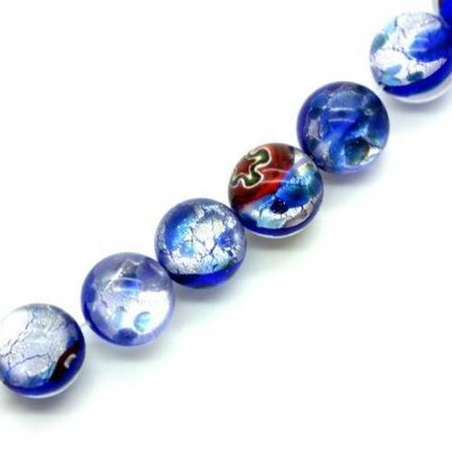  perle en verre ronde 12 mm bleu/argenté x 2 