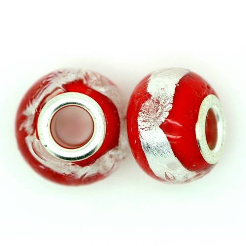  perle europeenne 14 mm rouge et feuille d'argent x 1 