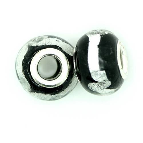 Perle europeenne 14 mm noir et feuille d'argent x 1 