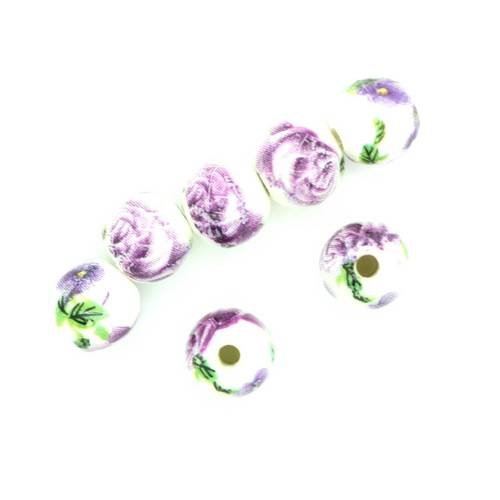  perle ronde en porcelaine 8 mm blanc/violet x 4 