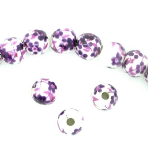  perle ronde en porcelaine 6 mm blanc/violet x 2 
