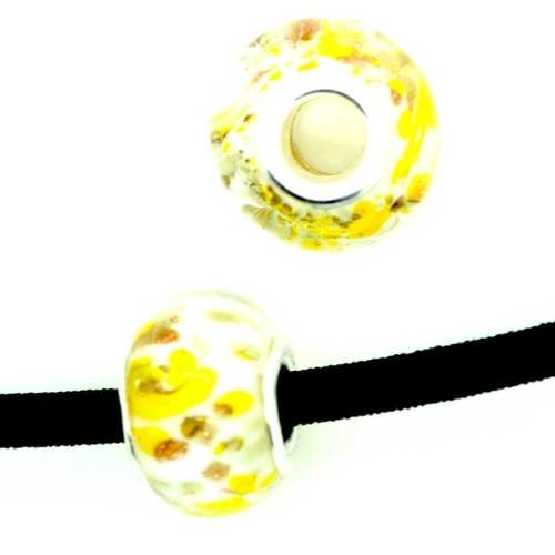  perle style europeenne 14mm blanche et jaune x 1 