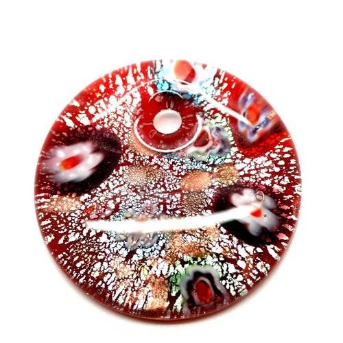  pendentif rond en verre rouge feuille d'argent 41