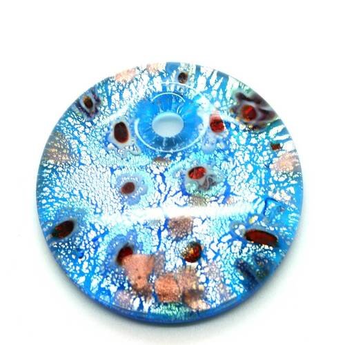  pendentif rond en verre bleu lagon feuille d'argent 41x10 mm 