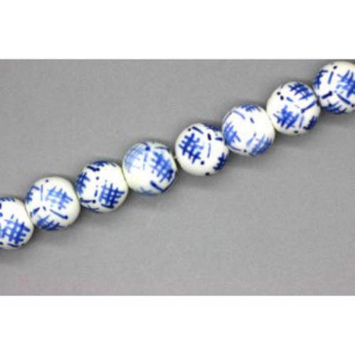 Perle ronde en porcelaine 10 mm blanc/bleu x 2