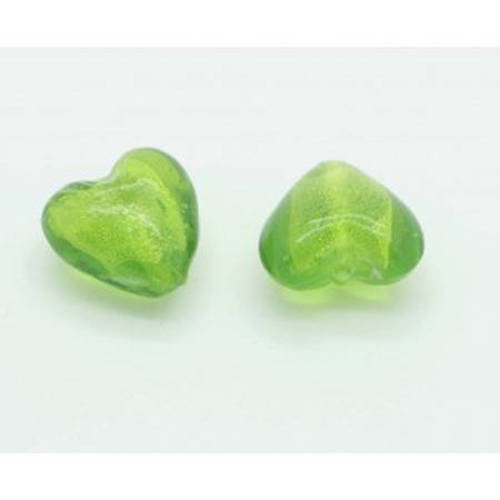  perle cœur  feuille d'argent  15mm vert x 1 