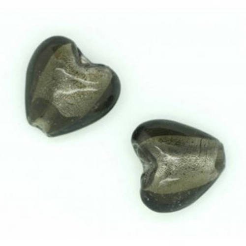 Perle cœur  feuille d'argent  15mm gris anthracite x 2 