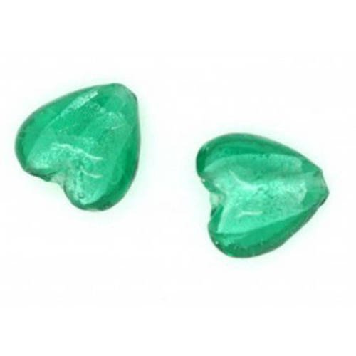 Perle cœur  feuille d'argent  15mm vert emeraude x 2 
