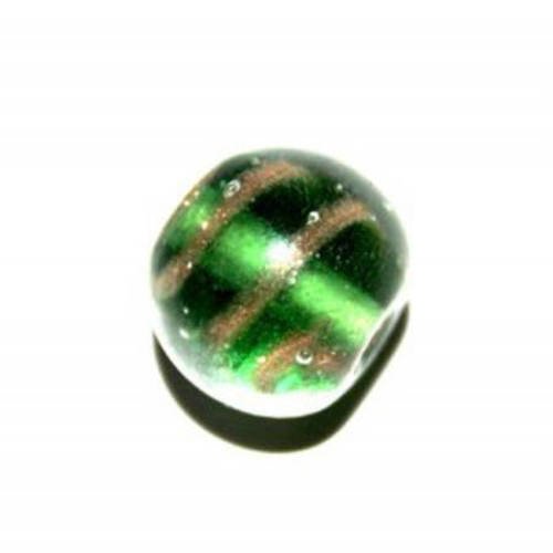  perle indienne ronde 14 mm verte striée or x 1 