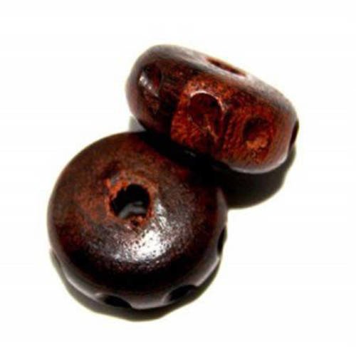 Perle rondelle 14 x7 mm bois marron  x 3 