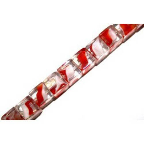 perle en verre octogone 8 mm  rouge/blanche décoré x 4 