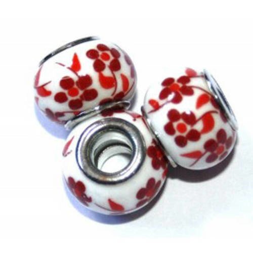  perle style pandora en porcelaine 13x10 mm blanc/rouge x 1 