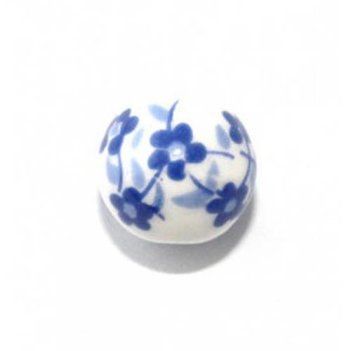 Perle ronde en porcelaine 6 mm blanc/bleu x 4 