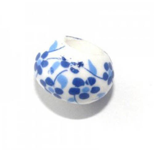 Perle ronde plate en porcelaine 14x9 mm blanc/bleu x 2 