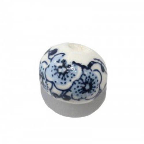  perle ronde plate en porcelaine 12x9 mm blanc/bleu x 2 