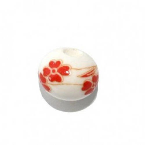 Perle ronde plate en porcelaine 12x9 mm blanc/rouge x 2 