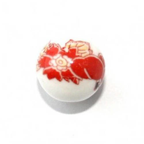 Perle ronde en porcelaine 12 mm blanc/rouge x 2 