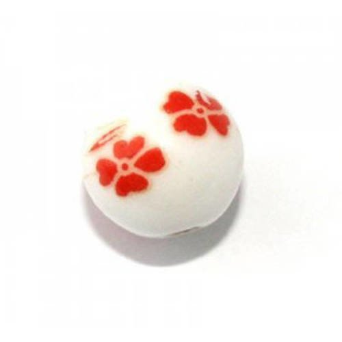  perle ronde en porcelaine 12 mm blanc/rouge x 2 