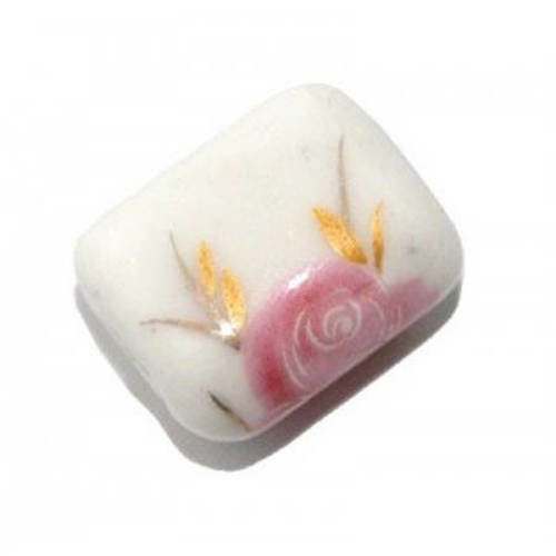 Perle rectangle en porcelaine 18x15 mm blanc/rose x 2 
