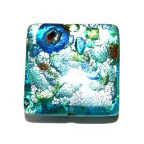 Perle carré 16 mm bleu turquoise/argenté x 1 