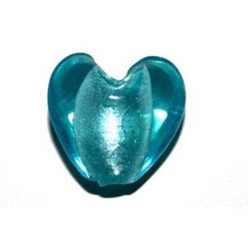 Perle cœur  feuille d'argent  20 mm aquamarine x 1 